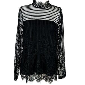 Black Lace Mock Neck Blouse - L - Dark Romantic Sheer Top by "Cream"